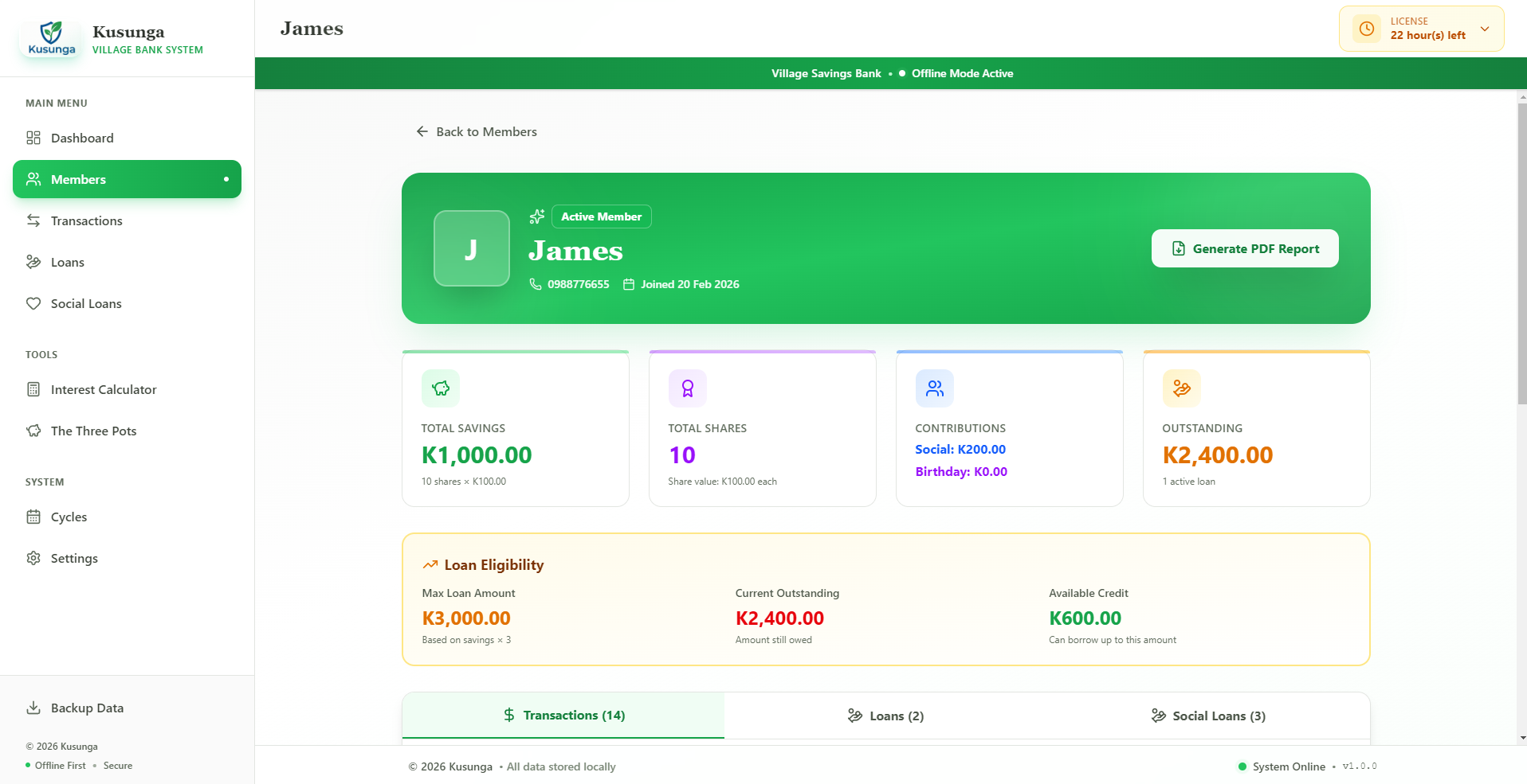 Member profile showing savings, shares, loan eligibility and contributions
